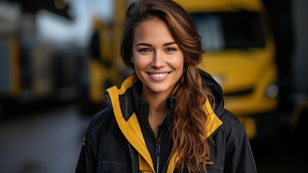 Retrato de uma jovem trabalhadora de entrega sorridente em pé de jaqueta amarela no estacionamento de caminhões