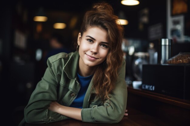 Retrato de uma jovem trabalhando em uma cafeteria criada com IA generativa
