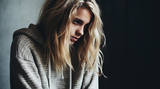 Retrato de uma jovem triste com cabelo loiro em um suéter cinza adolescente esquizofrênica Generative AI