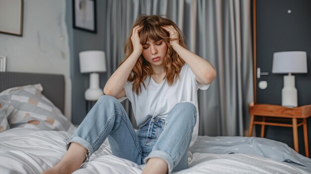 Retrato de uma jovem triste sentada sozinha na cama abraçando os joelhos no quarto chorando olhando para longe Desp