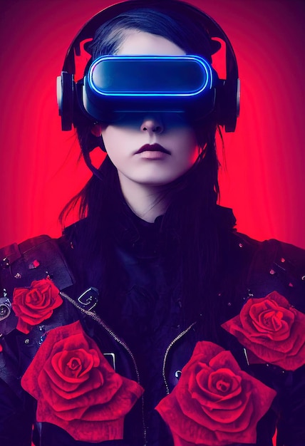 Retrato de uma jovem usando óculos virtuais Uma garota jogando jogos de VR renderização em 3D