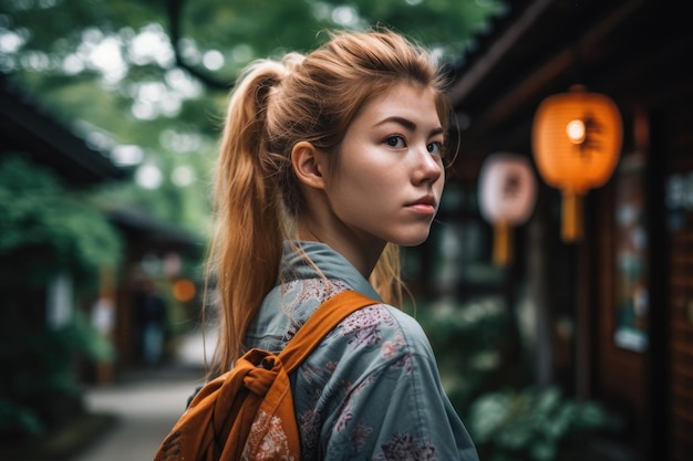 Retrato de uma jovem viajando no Japão criada com IA generativa