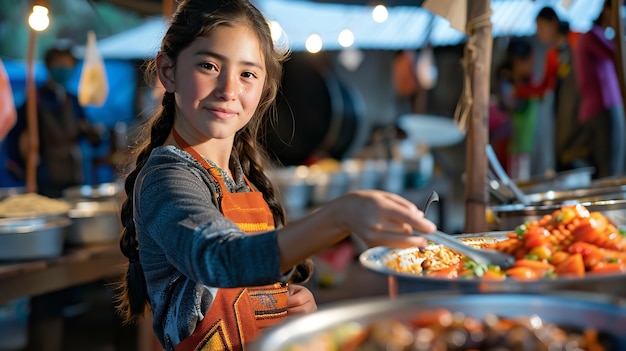 Retrato de uma jovem voluntária servindo alimentos entre a comunidade com um grande espaço vazio para texto IA geradora