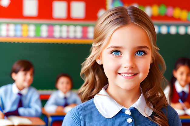 Retrato de uma linda aluna na sala de aula da escola com ilustração generativa de IA de quadro-negro criada