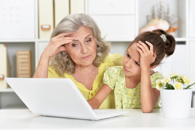 Retrato de uma linda avó e neta felizes usando laptop
