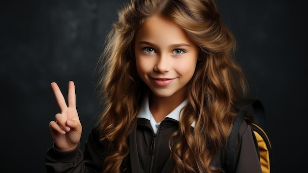 Retrato de uma linda colegial em um uniforme escolar mostra dois dedos Education Generative AI