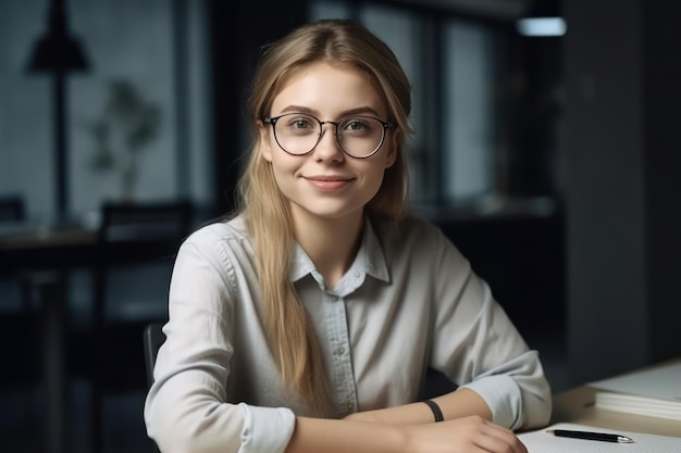 Retrato de uma linda contadora feliz sentada em seu local de trabalho no escritório, contadora sorridente