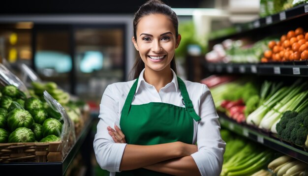 Retrato de uma linda e confiante trabalhadora de loja asiática sorrindo em um supermercado movimentado