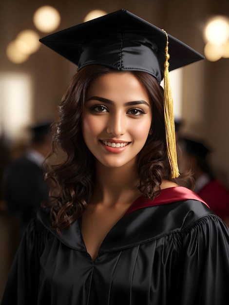 Retrato de uma linda e feliz graduada com vestido de formatura e boné