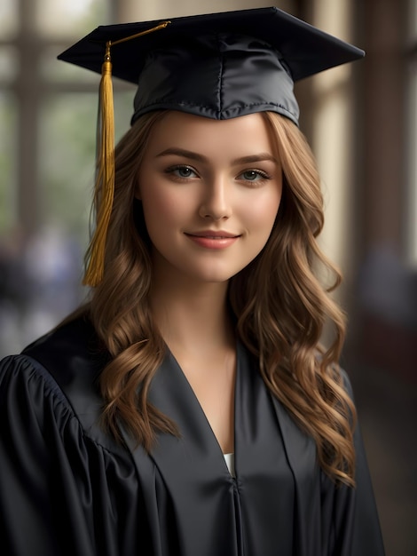 Retrato de uma linda e feliz graduada com vestido de formatura e boné