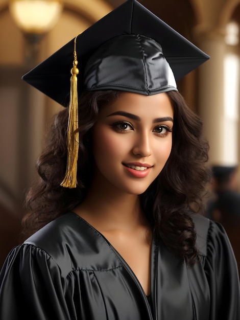 Retrato de uma linda e feliz graduada com vestido de formatura e boné