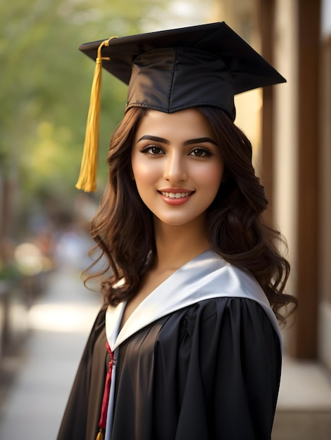 Retrato de uma linda e feliz graduada com vestido de formatura e boné