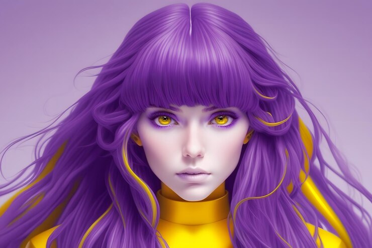 Foto retrato de uma linda garota com cabelo roxo em rede neural estilo anime gerada por ai
