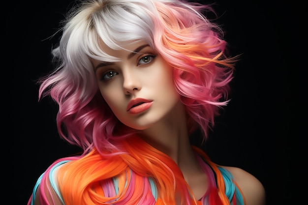 Retrato de uma linda garota com estilo de cabelo neon arco-íris em fundo preto Generative AI