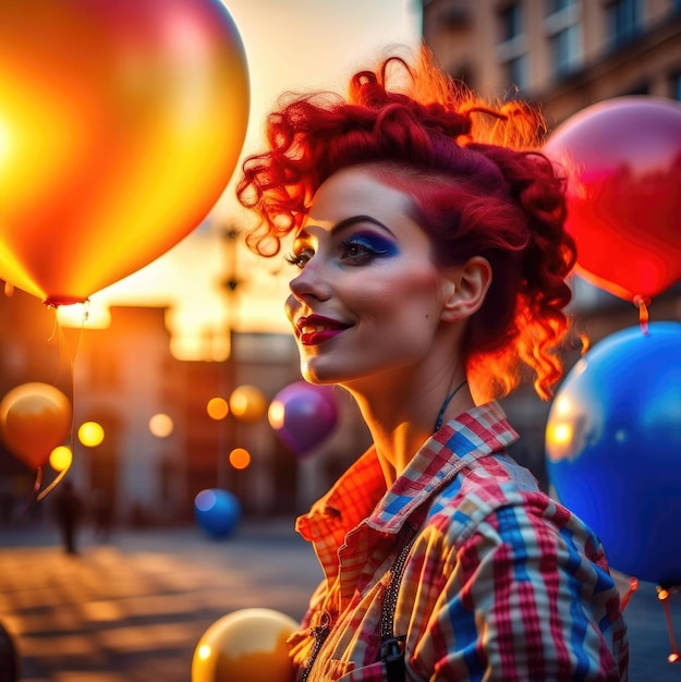 Retrato de uma linda garota com uma maquiagem de palhaço brilhante com cabelo vermelho e balões coloridos no