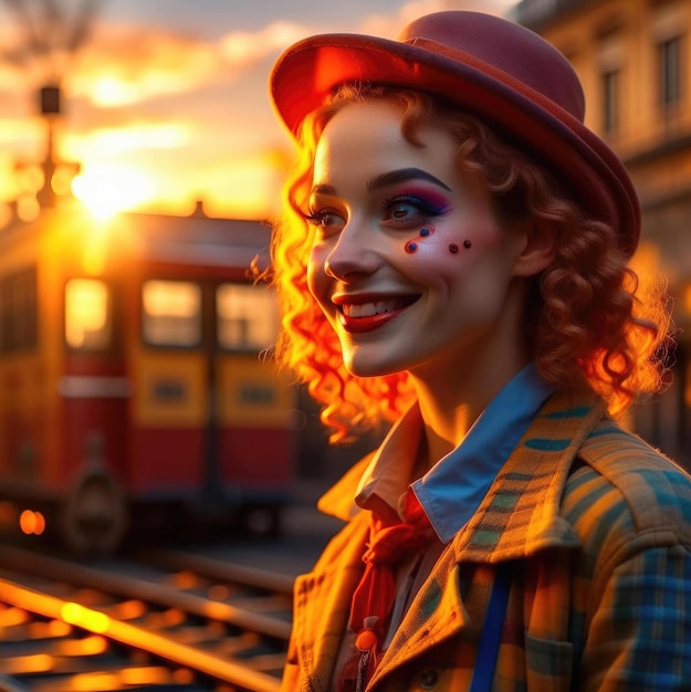 Retrato de uma linda garota com uma maquiagem de palhaço brilhante no fundo da estação ferroviária