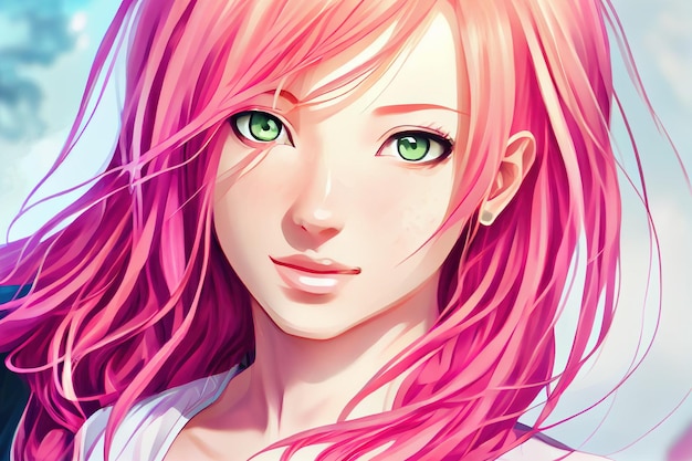 Retrato de uma linda garota de anime com cabelo rosa Generative AI