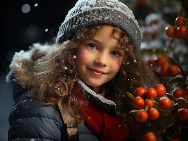 Foto retrato de uma linda garota debaixo da árvore de natal vestindo um vestido de natal com tema de inverno neve