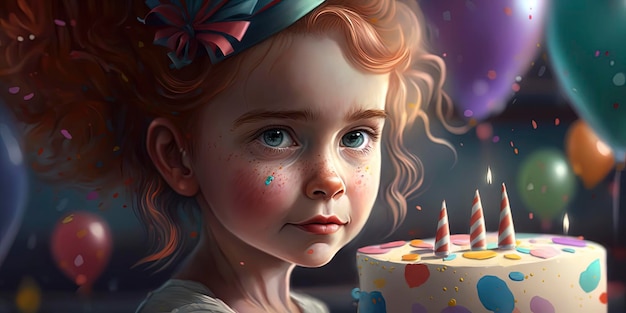 Retrato de uma linda garota em sua festa de aniversário com chapéu de festa e tem um bolo selvagem com velas usando confetes e balões de chapéu de festa