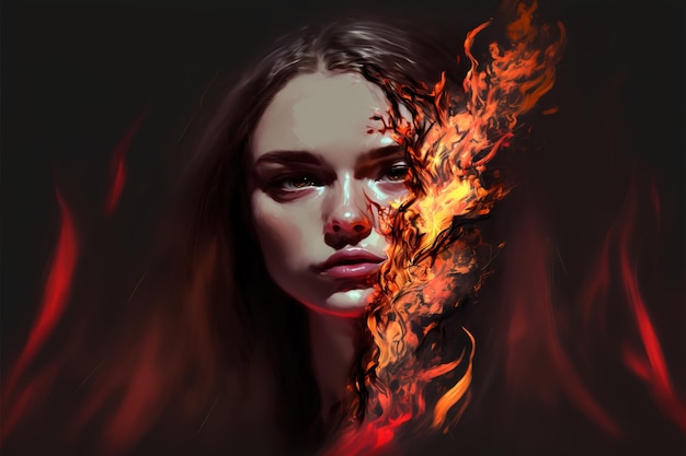 Retrato de uma linda garota no fogo Garota queimando na chama Ilustração do estilo de arte digital pintura de uma mulher no fogo