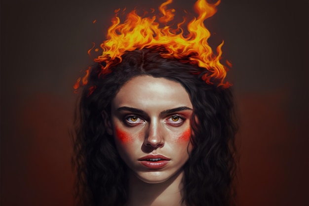 Retrato de uma linda garota no fogo Garota queimando na chama Ilustração do estilo de arte digital pintura de uma mulher no fogo