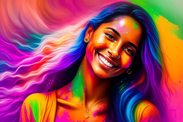 Retrato de uma linda garota pintada nas cores do festival Holi