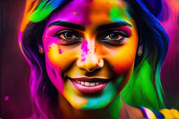 Foto retrato de uma linda garota pintada nas cores do festival holi