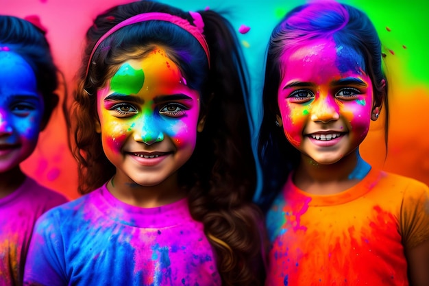 Retrato de uma linda garota pintada nas cores do festival Holi