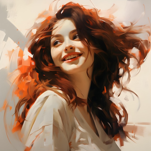Retrato de uma linda garota ruiva alegre com cabelo encaracolado voador ilustração aquarela
