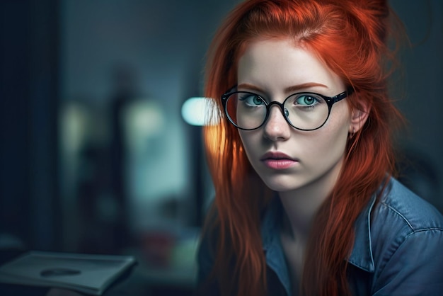 Retrato de uma linda garota ruiva com óculos no escritório Generative AI