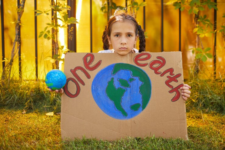 Foto retrato de uma linda garota segurando o cartaz de uma terra e olhando para a câmera enquanto protesta pela natureza sentada na grama ao ar livre, copie o espaço