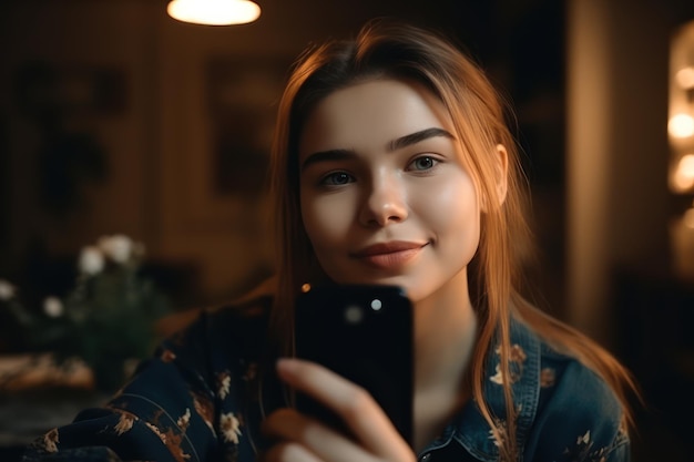 Retrato de uma linda garota tirando um autorretrato com seu smartphone em casa