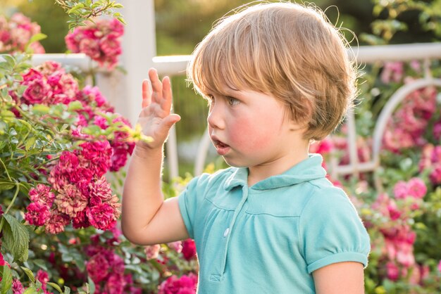 Retrato de uma linda garotinha loira com flores rosas. alergia à floração