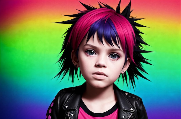 Retrato de uma linda garotinha punk com cabelo colorido no braço Generative AI