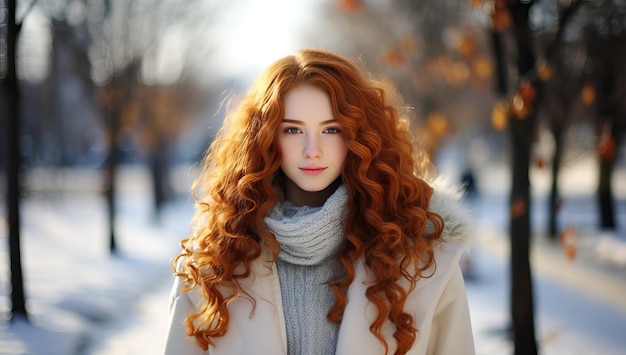 Retrato de uma linda jovem com cabelo ruivo no parque de inverno