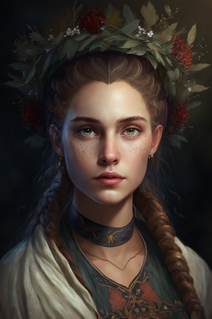 Retrato de uma linda jovem eslava com uma coroa de flores na cabeça generativa ai