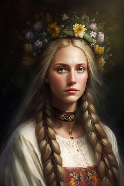 Retrato de uma linda jovem eslava com uma coroa de flores na cabeça generativa ai