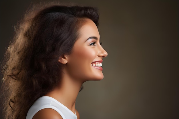 Foto retrato de uma linda jovem feliz e sorridente com cabelos longos e encaracolados