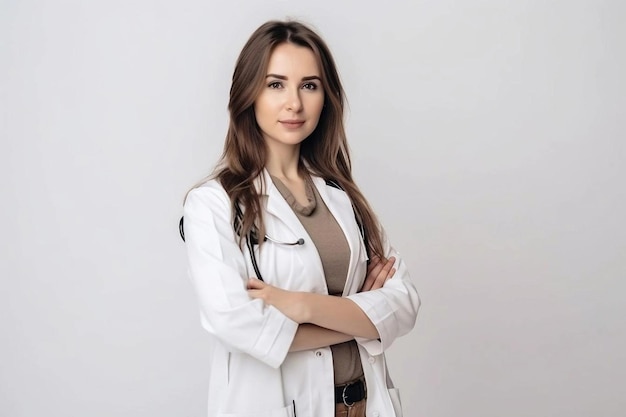 Foto retrato de uma linda jovem médica em um jaleco branco ela parece amigável e sorri fundo branco