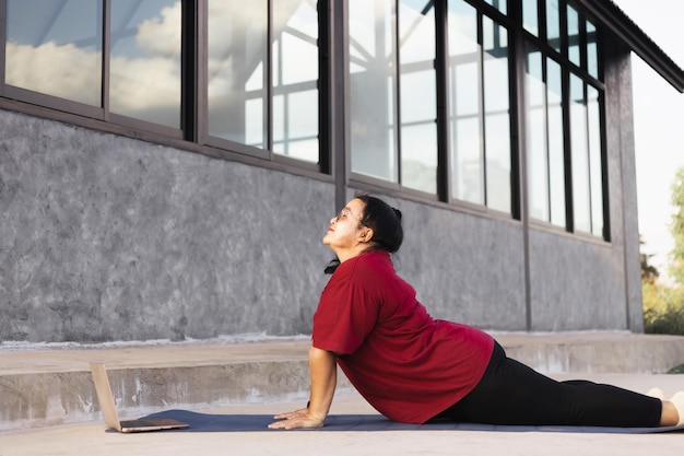 Retrato de uma linda jovem praticando ioga ao ar livre. Linda garota pratica cobra asana na aula Calma e relaxe, felicidade feminina Fundo horizontal e desfocado