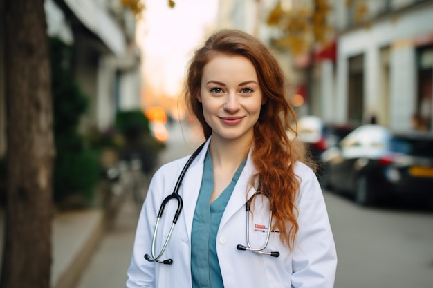 Retrato de uma linda loira morena médica trabalhando em moderno