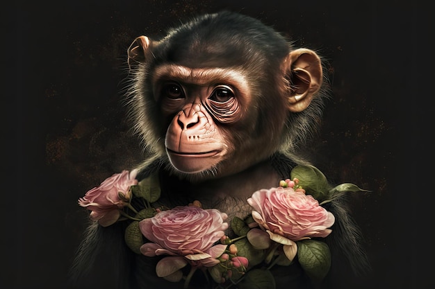 Retrato de uma linda macaca bebê com rosas cor de rosa Tender image Fundo escuro Generative AI