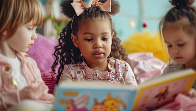 Foto retrato de uma linda menina afro-americana lendo um livro com seus amigos em casa