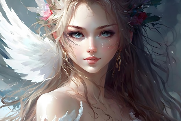 Retrato de uma linda menina anjo loira no estilo anime Rede neural gerada por IA