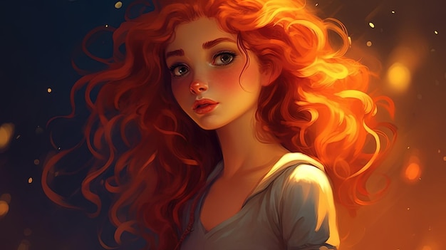 Retrato de uma linda menina com cabelo laranja Conceito de fantasia Ilustração pintura