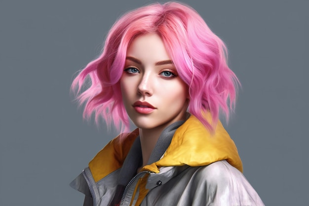 Retrato de uma linda menina com cabelo rosa Menina com maquiagem brilhante e penteado