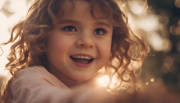 Retrato de uma linda menina com cabelos encaracolados olhando para a câmera