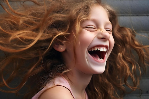 Foto retrato de uma linda menina com cabelos voadores em fundo cinzento