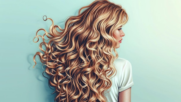 Retrato de uma linda menina com luxuoso cabelo longo encaracolado Vista traseira