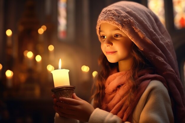 Foto retrato de uma linda menina com um lenço de cabeça segurando uma vela em uma igreja